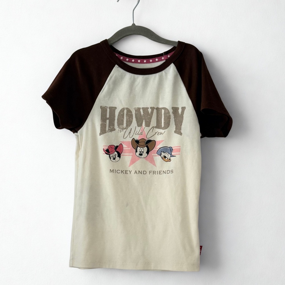 Disney Mickey & Friends Howdy Wild Crew Raglan Baseball Tee Kids XXS Cream Brown